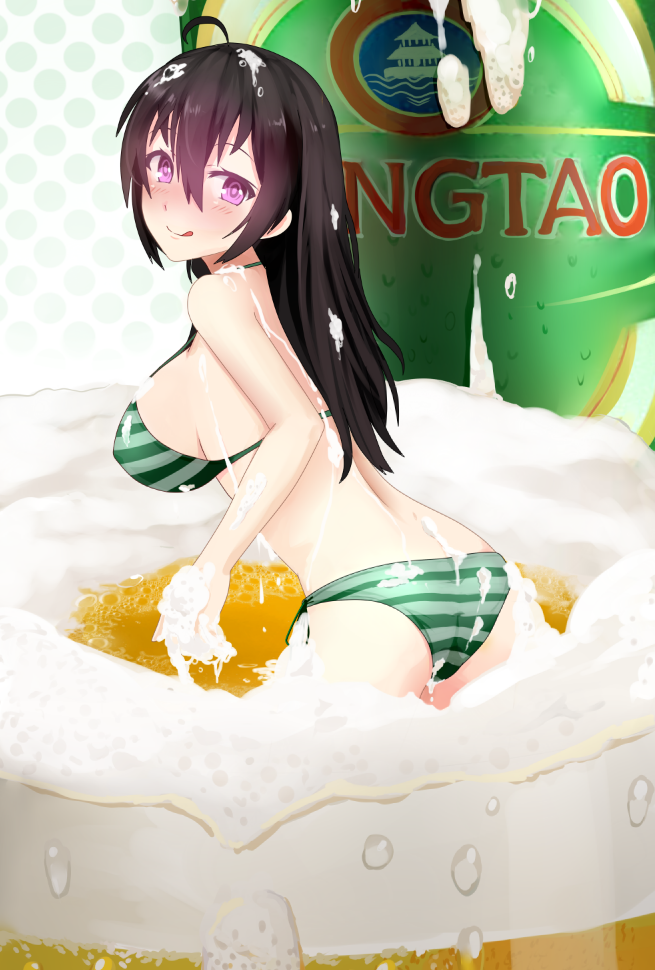 ahoge alcohol animal_ears ass beer beifeng_han bikini black_hair breasts commentary_request from_behind large_breasts licking_lips long_hair looking_at_viewer miyaura_sanshio original partially_submerged striped striped_bikini striped_swimsuit swimsuit tongue tongue_out violet_eyes wavy_hair