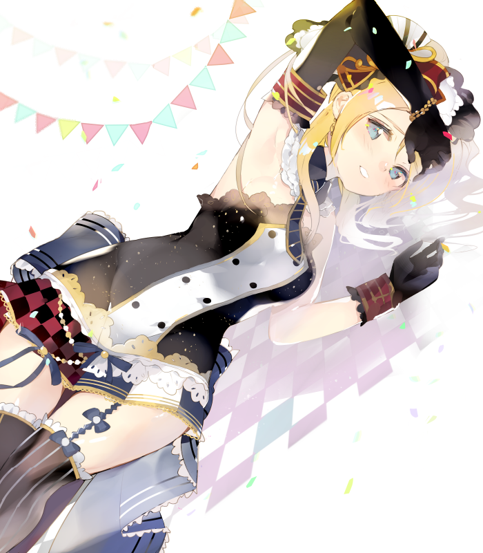 1girl arm_up armband armpits asymmetric_gloves atsumi_jun ayase_eli black_gloves blonde_hair blue_eyes blush bow bracelet checkered confetti detached_collar dress dutch_angle earrings frills garter_straps gloves hair_between_eyes hair_ornament jewelry lace_trim long_hair looking_at_viewer love_live!_school_idol_project necktie solo strapless_dress string_of_flags striped striped_legwear striped_necktie thigh-highs vertical-striped_legwear vertical_stripes wristband