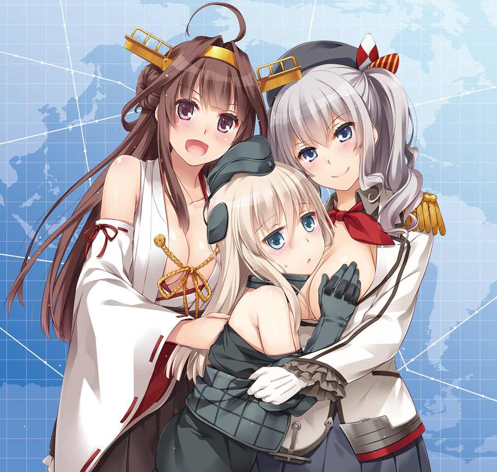 3girls antennae bare_shoulders black_gloves blonde_hair breast_grab breasts brown_eyes brown_hair cleavage collarbone detached_sleeves gloves grey_eyes hat headgear kantai_collection kashima_(kantai_collection) kongou_(kantai_collection) large_breasts long_hair long_sleeves map military military_uniform multiple_girls nakajima_yuka open_clothes open_mouth open_shirt shirt silver_hair skirt smile twintails u-511_(kantai_collection) uniform very_long_hair white_gloves wide_sleeves