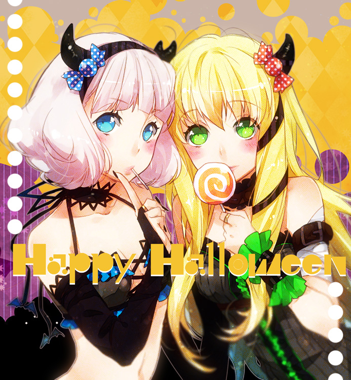 2girls aldnoah.zero asseylum_vers_allusia blonde_hair blue_eyes blush candy devil_horns green_eyes halloween_costume lemrina_vers_envers lollipop multiple_girls purple_hair siblings sisters