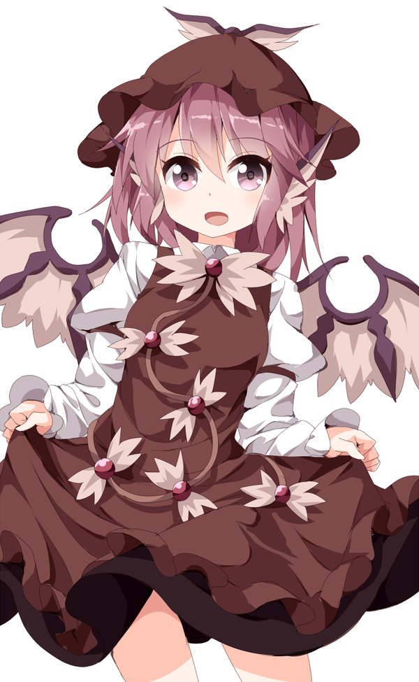 1girl animal_ears bird_wings bow brown_dress cowboy_shot curtsey dress hat juliet_sleeves long_sleeves mystia_lorelei open_mouth pink_eyes pink_hair puffy_sleeves ruu_(tksymkw) shirt short_hair simple_background skirt_hold smile solo thighs touhou white_background wings