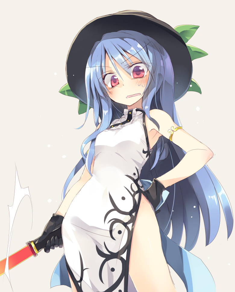 armband armpits bangs black_gloves blue_hair blush breasts china_dress chinese_clothes commentary_request gloves hair_between_eyes hand_on_hip hat hinanawi_tenshi leaf leg_cutout long_hair looking_at_viewer red_eyes satou_kibi sidelocks sleeveless sweatdrop sword sword_of_hisou touhou very_long_hair wavy_mouth weapon