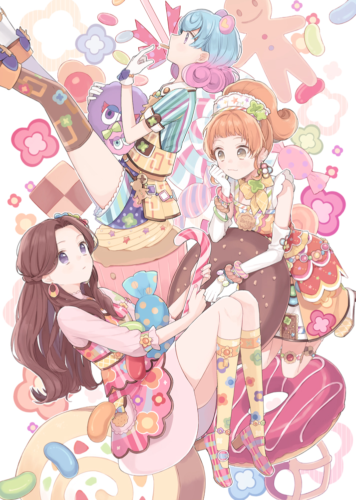3girls :3 aikatsu! animal_ears asymmetrical_legwear bangs blue_hair blunt_bangs blush boots bow bracelet braid brown_eyes brown_hair candy candy_cane chocolate closed_mouth cookie crescent_earrings cupcake curly_hair dojima_nina_(aikatsu!) door doughnut dress earrings eating fake_animal_ears finger_to_mouth flower flower_earrings food food_in_mouth food_themed_clothes fujiwara_miyabi_(aikatsu!) gingerbread_man gloves gomi_chiri gradient_hair hair_ornament hairband half_updo holding in_food jelly_bean jewelry kerchief kneehighs kneeling kurisu_kokone lace-trimmed_collar long_hair looking_at_another mary_janes mouth_hold multicolored_hair multiple_girls orange_hair oversized_object overskirt parted_bangs pastry pink_hair plaid plaid_bow plaid_ribbon plaid_shoes polka_dot polka_dot_bow polka_dot_ribbon print_dress print_gloves print_shirt print_shorts print_skirt profile ribbon ring shirt shoes short_sleeves shorts skirt sleeveless sleeveless_dress sleeves_folded_up sleeves_past_elbows star swiss_roll thigh-highs thigh_strap vertical_stripes violet_eyes white_gloves yellow_legwear