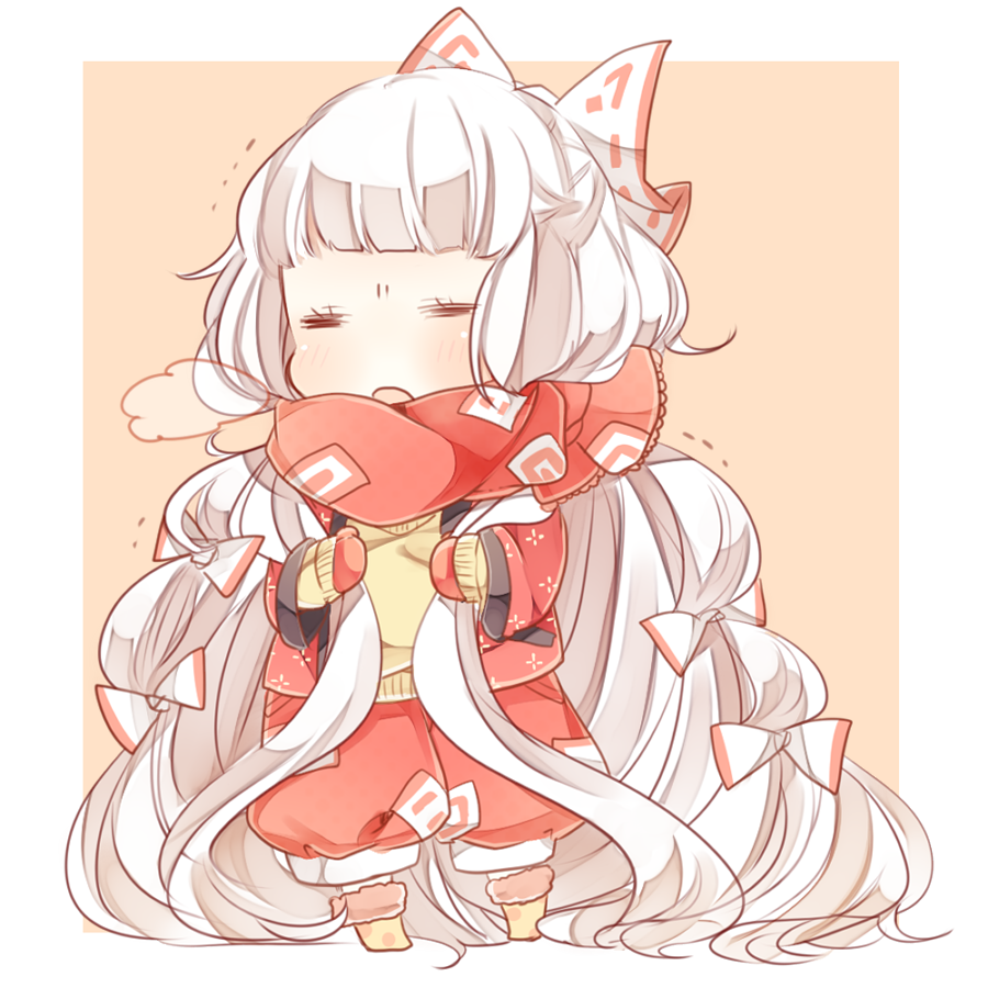 1girl bow closed_eyes fujiwara_no_mokou hair_bow hair_ribbon happy_new_year long_hair long_sleeves mittens new_year pants ribbon scarf shirt silver_hair solo toadstool_(natadekoko) touhou tress_ribbon very_long_hair visible_air winter_clothes