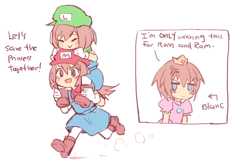 3girls :&gt; anger_vein blanc blush blush_stickers crown english gebyy-terar hat luigi luigi_(cosplay) mario mario_(cosplay) super_mario_bros. multiple_girls neptune_(series) on_shoulder princess_peach princess_peach_(cosplay) ram_(choujigen_game_neptune) rom_(choujigen_game_neptune) short_hair siblings sisters super_mario_bros.