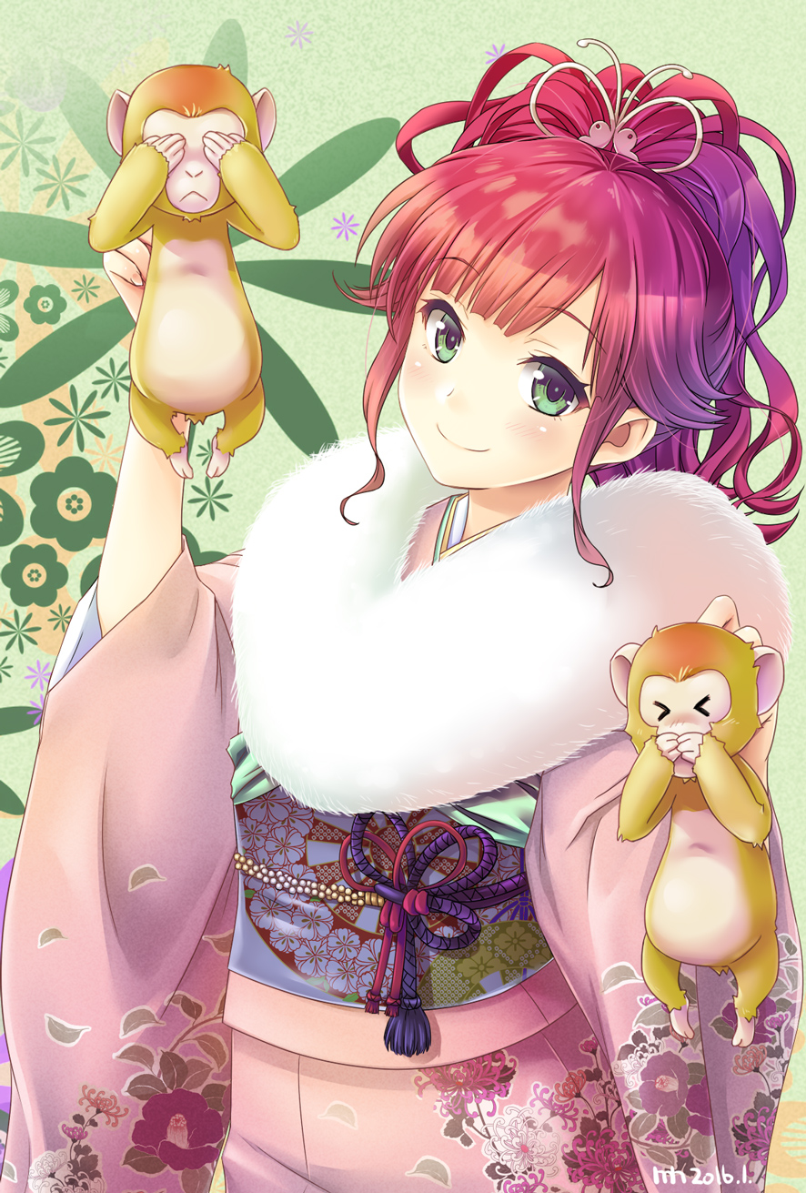 1girl blush green_eyes hibari_makoto highres japanese_clothes kanchuumimai kimono monkey original redhead short_hair smile solo