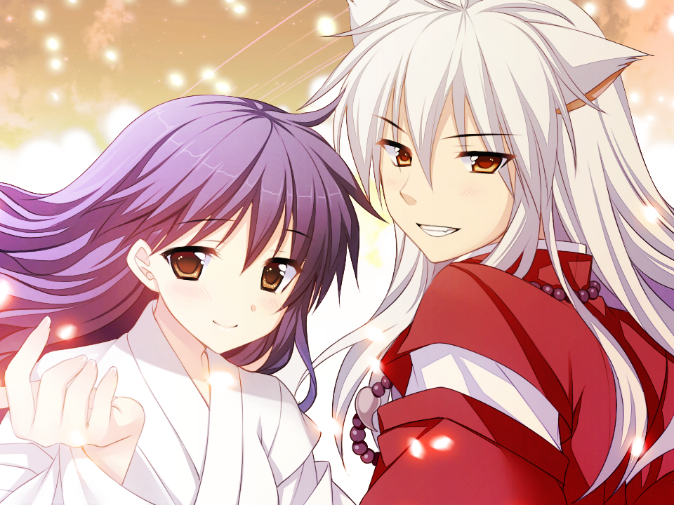1boy 1girl animal_ears ayamisiro blush brown_eyes dog_ears grin happy higurashi_kagome inuyasha inuyasha_(character) jewelry looking_at_viewer necklace outstretched_hand pearl_necklace purple_hair smile white_hair