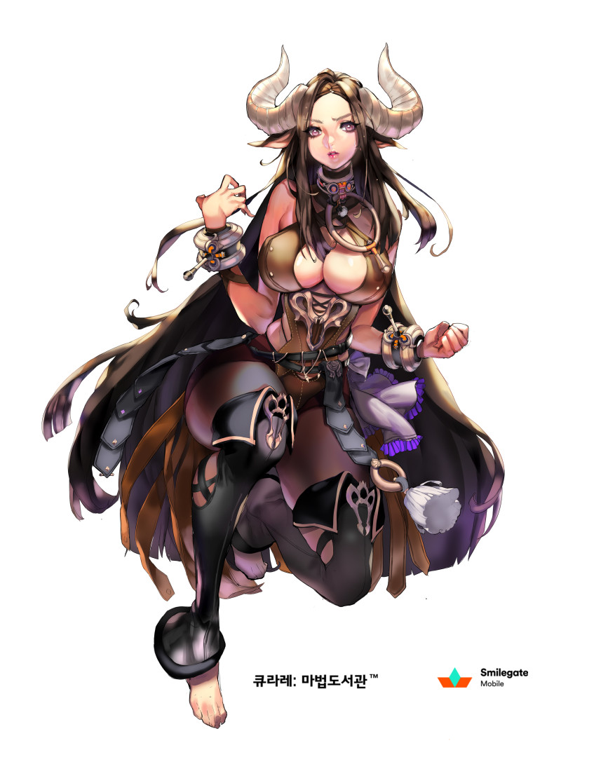 1girl animal_ears barefoot black_legwear breasts cape cleavage cow_ears cow_horns full_body horns imp_(sksalfl132) long_hair looking_at_viewer pantyhose qurare_magic_library simple_background solo thigh-highs thighhighs_over_pantyhose violet_eyes white_background