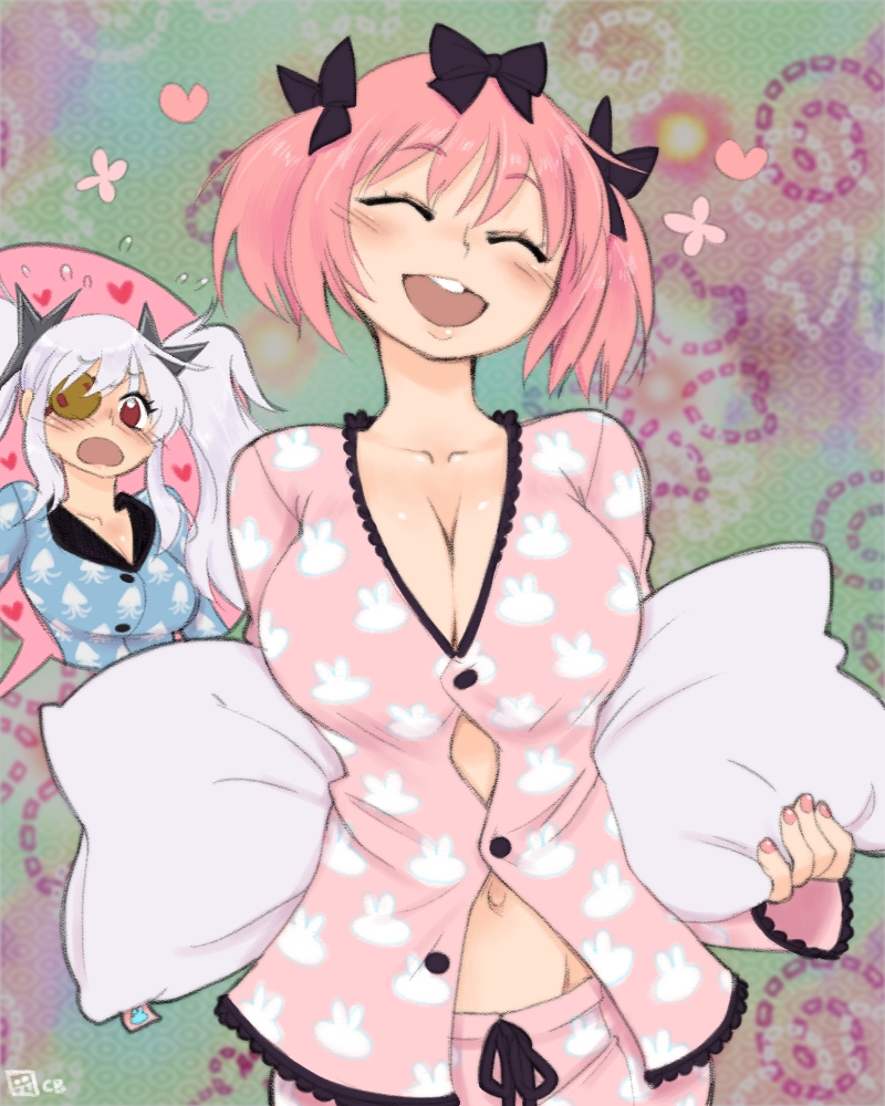 2girls :o bow breasts cleavage closed_eyes hair_bow heart hibari_(senran_kagura) jason_robinson large_breasts long_hair multiple_girls nail_polish navel open_mouth pajamas pillow pink_hair red_eyes senran_kagura senran_kagura_(series) short_hair smile teeth twintails white_hair yagyuu_(senran_kagura)