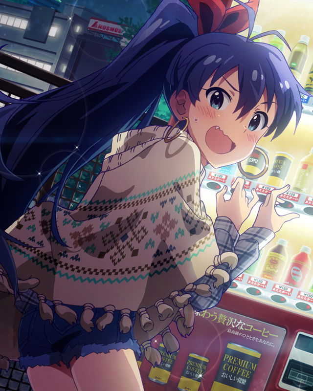 1girl :o antenna_hair artist_request bangs black_hair blue_eyes blush bottle can canned_coffee cape city cutoffs denim denim_shorts earrings fang fringe from_behind ganaha_hibiki hair_ribbon high_ponytail hoop_earrings idolmaster idolmaster_million_live! jewelry long_hair long_sleeves looking_at_viewer looking_back musical_note official_art open_mouth outdoors plaid plaid_shirt ponytail ribbon shirt short_shorts shorts smile solo sparkle vending_machine wavy_mouth