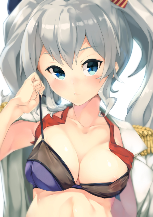 1girl blue_eyes blush bra breasts gedou_(shigure_seishin) hat kantai_collection kashima_(kantai_collection) looking_at_viewer military military_uniform open_clothes silver_hair solo twintails underwear uniform