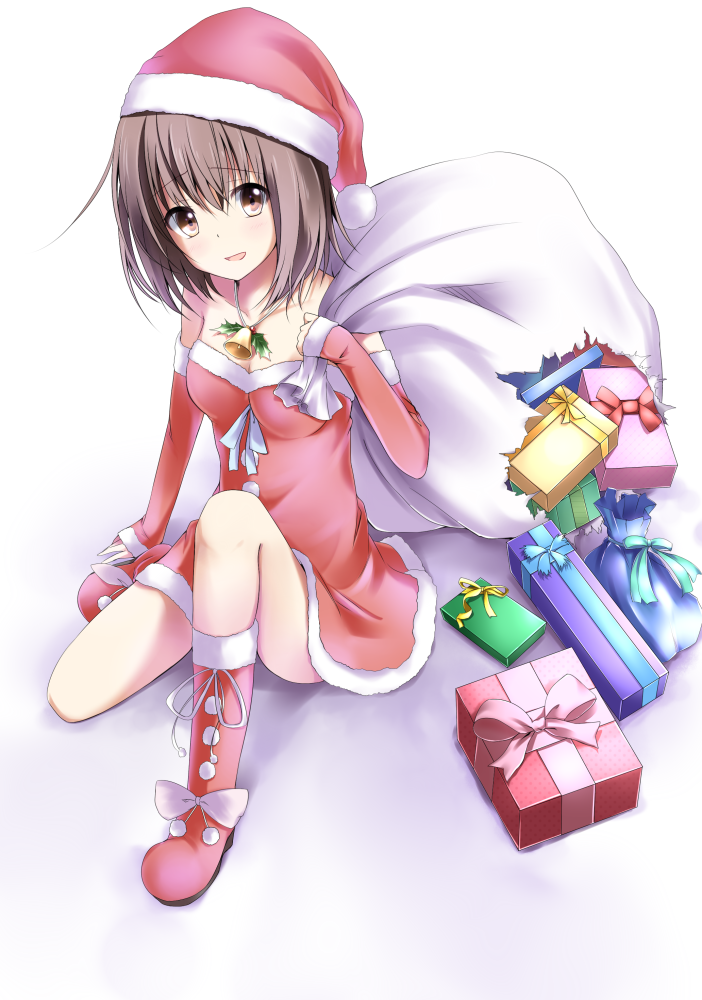 1girl brown_eyes brown_hair detached_sleeves dress hat long_hair red_dress santa_costume santa_hat simple_background solo strapless_dress white_background yuki_(sangeki5806)