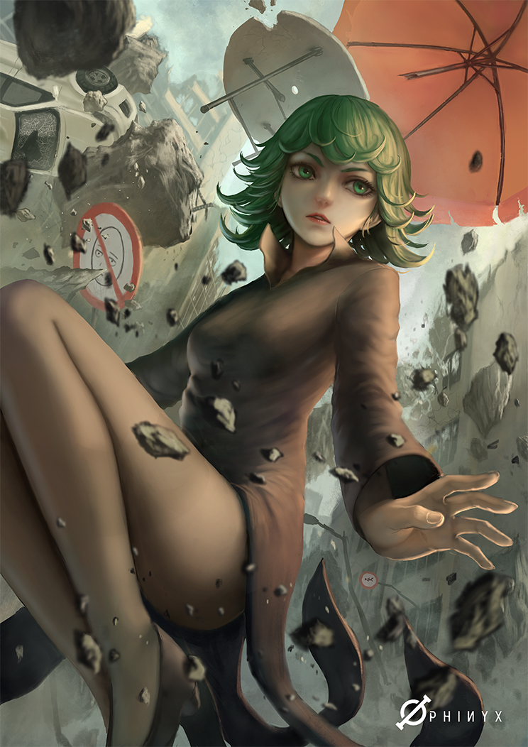 1girl black_dress car dress floating_rock green_eyes green_hair legs lips motor_vehicle namae_shifuta onepunch_man ruins saitama_(onepunch_man) short_hair solo tatsumaki vehicle