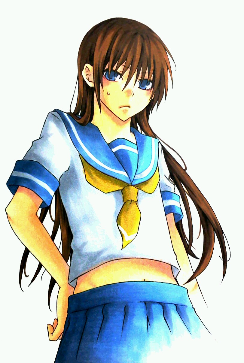 1boy blue_eyes brown_hair crossdressinging ginnoturu hand_on_hip highres higurashi_no_naku_koro_ni long_hair looking_at_viewer maebara_keiichi male_focus marker_(medium) navel school_uniform serafuku simple_background solo traditional_media