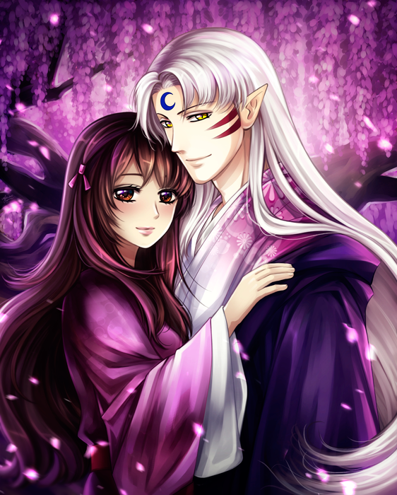 1boy 1girl bangs blush brown_eyes brown_hair couple crescent demon_boy elena_ivlyushkina facial_mark flower forehead_mark hair_ribbon hetero inuyasha light_smile long_hair looking_at_viewer older parted_bangs pointy_ears ribbon rin_(inuyasha) sesshoumaru silver_hair tress_ribbon unmoving_pattern wide_sleeves wisteria yellow_eyes