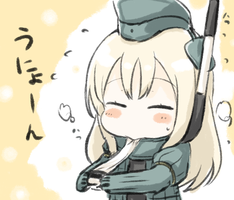 1girl ^_^ blonde_hair blush candy closed_eyes commentary_request cropped_jacket eating engiyoshi food garrison_cap hat headgear heart holding_food kantai_collection long_hair long_sleeves military military_uniform puffy_long_sleeves puffy_sleeves simple_background snorkel solo swimsuit u-511_(kantai_collection) uniform upper_body yellow_background