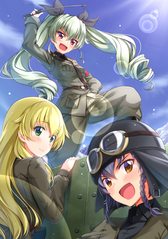 anchovy belt black_hair black_shirt blonde_hair blush boots braid brown_eyes carpaccio carro_armato_p40 clouds cloudy_sky commentary_request dress_shirt drill_hair from_behind girls_und_panzer goggles_on_hat green_eyes green_hair hair_ribbon helmet holding jacket knecktie lens_flare long_hair looking_at_viewer looking_back military military_uniform military_vehicle open_mouth pants pepperoni_(girls_und_panzer) red_eyes ribbon riding_crop shirt short_hair side_braid sky smile standing tank twin_drills twintails uniform vehicle yukikaze_(aaassszzz)