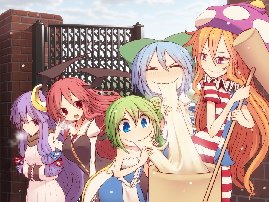 5girls adapted_costume alternate_costume american_flag_legwear american_flag_shirt bat_wings blue_eyes blue_hair blue_sky blush breasts breath cirno closed_eyes clouds clownpiece crescent_hair_ornament daiyousei demon_girl demon_wings dress eating fairy_wings fang food full-face_blush gate green_hair hair_ornament hair_ribbon hammer hands_in_sleeves happy_new_year hat head_wings jester_cap koakuma kuresento large_breasts long_hair long_sleeves looking_at_another mochi multiple_girls necktie new_year no_hat open_mouth orange_hair patchouli_knowledge puffy_sleeves purple_hair red_eyes redhead ribbon scarf short_hair short_sleeves side_ponytail sky smile star strapless_dress striped sweatdrop touhou tress_ribbon violet_eyes wagashi wall wings