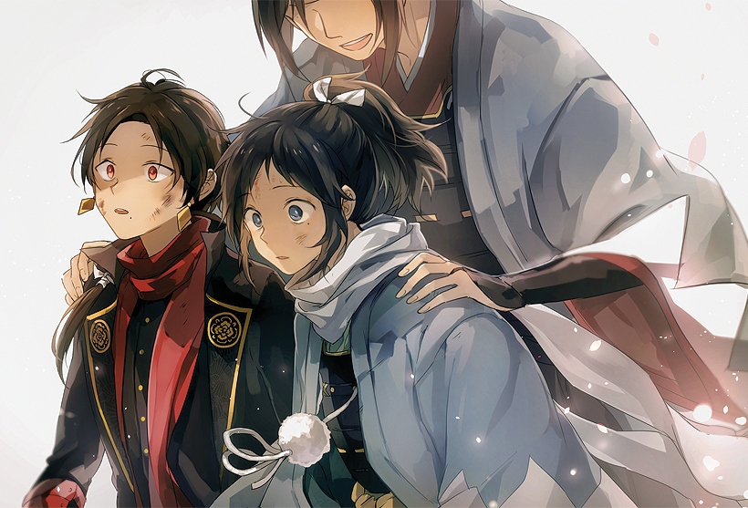 3boys blue_eyes blue_hair bridal_gauntlets brown_hair cherry_blossoms commentary dirty earrings haori high_ponytail japanese_clothes jewelry kashuu_kiyomitsu long_hair male_focus mole mole_under_eye mole_under_mouth multiple_boys no_eyes nuriko-kun okita_souji open_mouth petals ponytail red_eyes red_scarf scarf shinsengumi touken_ranbu white_scarf yamato-no-kami_yasusada