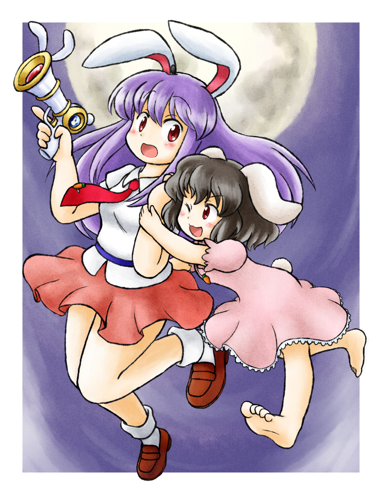2girls animal_ears barefoot black_hair brown_shoes bunny_tail carrot_necklace commentary_request dress inaba_tewi lunatic_gun multiple_girls necktie nitamago one_eye_closed pink_dress pink_skirt purple_hair rabbit_ears red_eyes reisen_udongein_inaba shirt shoes skirt tail touhou white_shirt