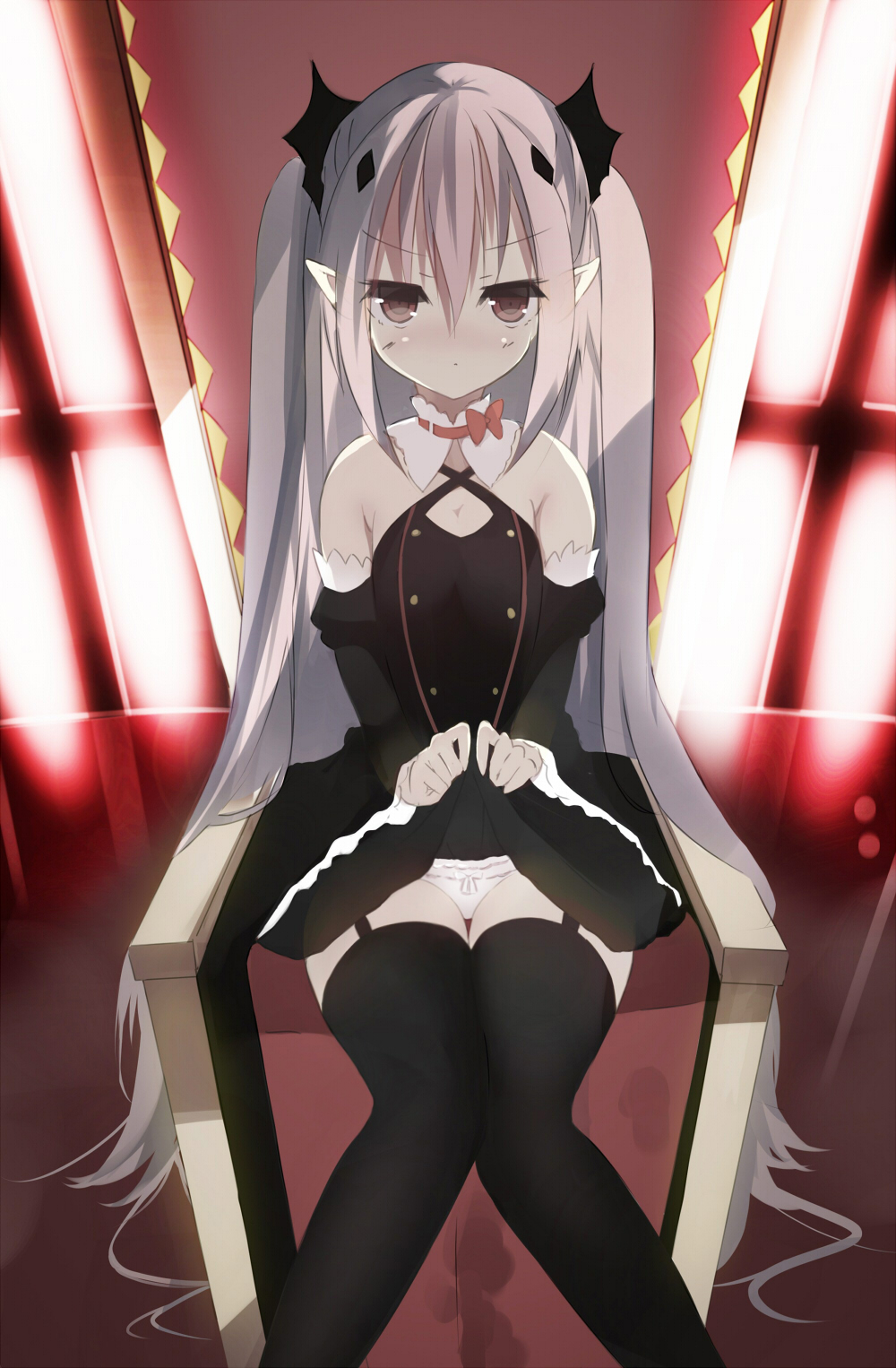 1girl black_dress black_legwear brown_eyes dress garter_straps highres krul_tepes long_hair looking_at_viewer owari_no_seraph panties pink_hair senya_fuurin sitting solo thigh-highs underwear white_panties