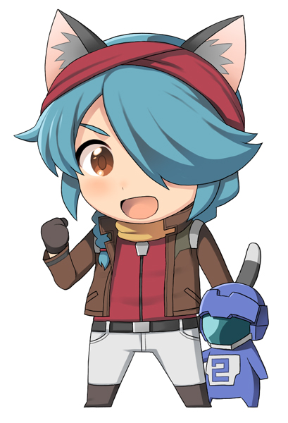 1girl adele_(gundam_age) animal_ears aqua_hair arisa_gunhale belt blue_hair braid brown_eyes cat_ears cat_tail clenched_hand gloves gundam gundam_age hair_over_one_eye headband inaho jacket kemonomimi_mode long_hair mecha open_clothes open_jacket open_mouth simple_background single_braid tail white_background