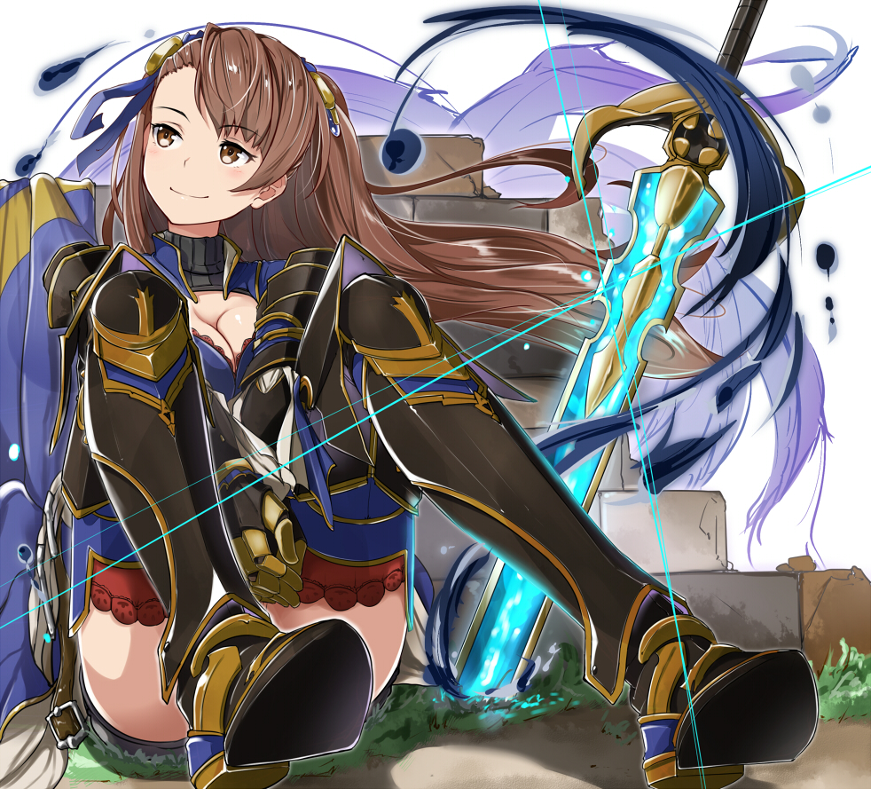 1girl armor beatrix_(granblue_fantasy) blush breasts brown_eyes brown_hair cleavage granblue_fantasy large_breasts long_hair planted_sword planted_weapon sakamoto-cat sitting smile solo sword thigh-highs weapon