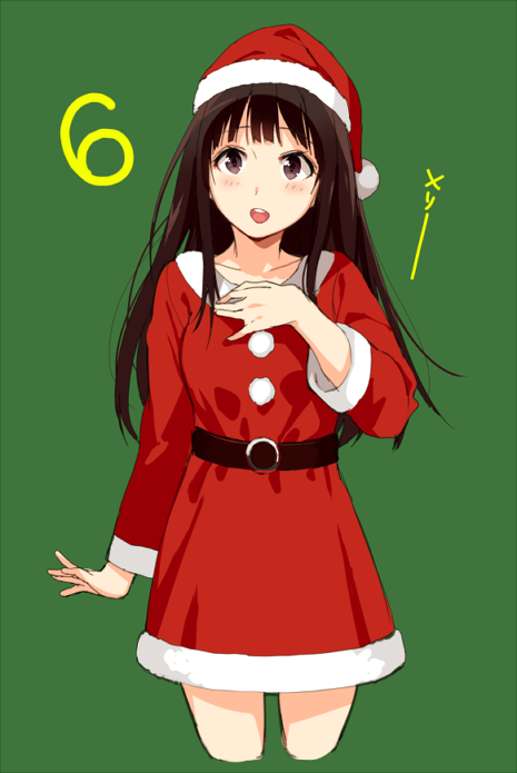 1girl :d brown_eyes brown_hair christmas countdown green_background hand_on_own_chest hat merry_christmas open_mouth santa_hat sasamori_tomoe simple_background smile solo