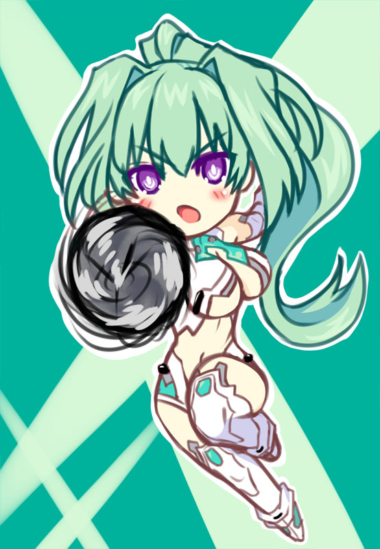 1girl blush breasts chibi green_hair green_heart kamia_(not_found) lance long_hair neptune_(series) polearm ponytail solo symbol-shaped_pupils vert very_long_hair violet_eyes weapon