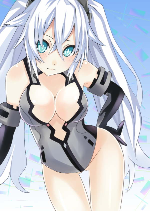 1girl bare_shoulders black_heart blush breasts cleavage elbow_gloves gloves leotard long_hair looking_at_viewer mikan_no_shiru neptune_(series) noire open_mouth smile solo symbol-shaped_pupils twintails very_long_hair white_hair