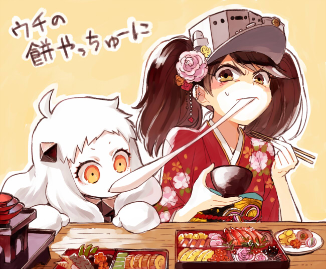 2girls ahoge bowl brown_eyes brown_hair chopsticks eating food hair_ornament holding horns kantai_collection long_hair mittens mochi multiple_girls northern_ocean_hime obentou omelet orange_eyes riho ryuujou_(kantai_collection) shinkaisei-kan sweat tamagoyaki translation_request twintails visor_cap wagashi white_hair white_skin