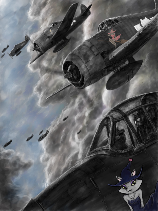 airplane animal_ears bomb broom broom_riding canopy cat_ears clouds dutch_angle f6f_hellcat hat pilot ppsh witch_hat