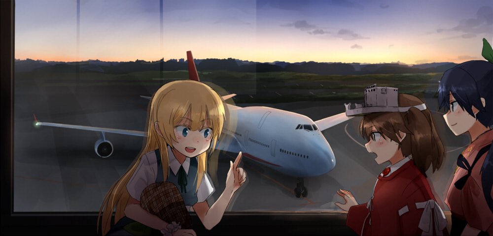 3girls airplane annin_musou black_hair blonde_hair borrowed_character brown_hair commentary_request houshou_(kantai_collection) japanese_clothes kantai_collection kariginu long_hair magatama mecha_to_identify multiple_girls open_mouth parody ryuujou_(kantai_collection) style_parody tasuki twintails visor_cap
