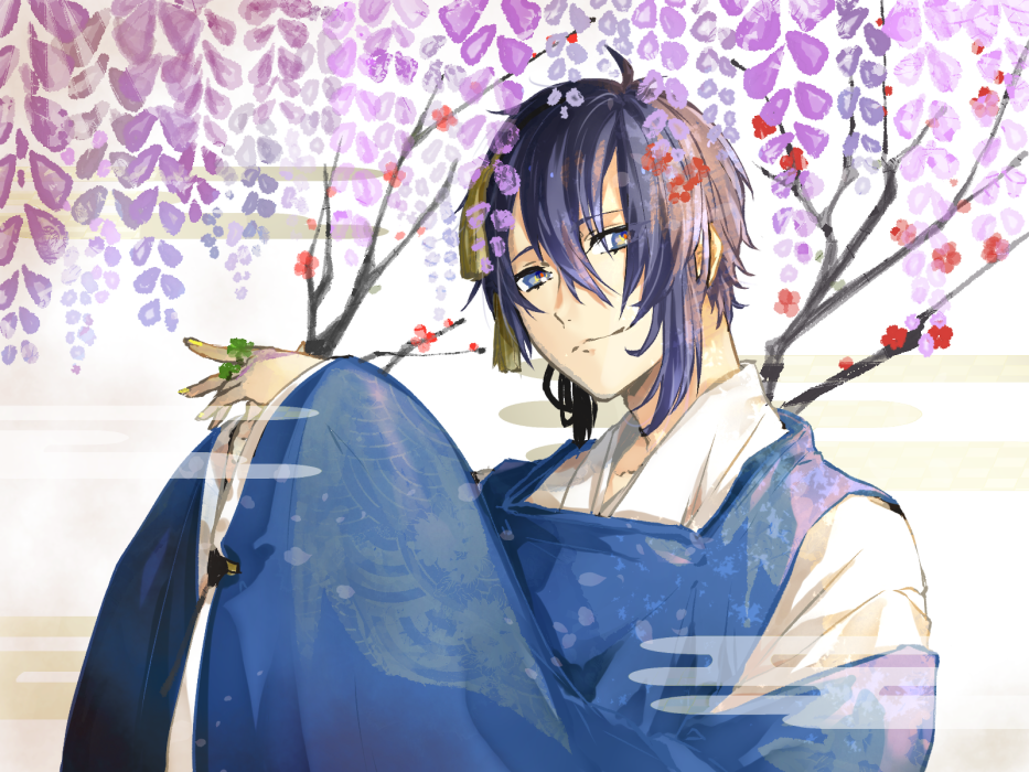 1boy blue_eyes blue_hair branch clover flower four-leaf_clover japanese_clothes lilac male_focus mikazuki_munechika mou_(mooooow) nail_polish smile touken_ranbu