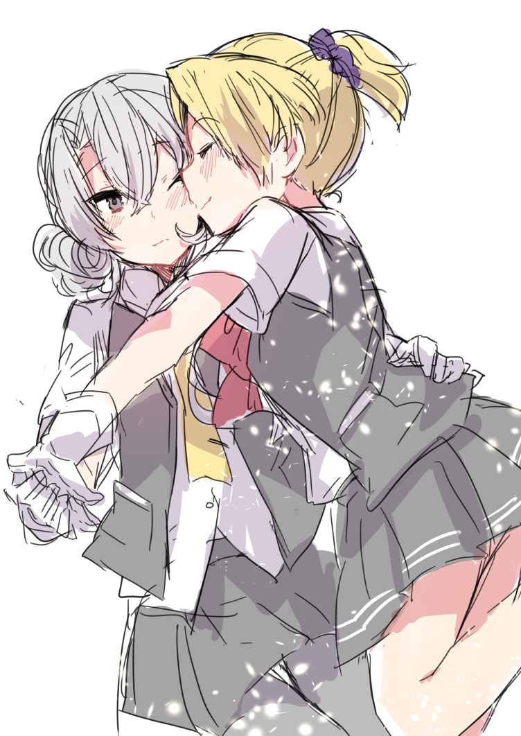 2girls asymmetrical_hair bangs blonde_hair blouse blush closed_eyes commentary_request dancing face-to-face flipped_hair gloves grey_eyes grey_legwear hand_on_another's_hip hands_together kantai_collection long_hair maikaze_(kantai_collection) multiple_girls necktie nowaki_(kantai_collection) one_eye_closed pantyhose parted_bangs pleated_skirt ponytail school_uniform scrunchie serafuku short_hair short_ponytail silver_hair simple_background skirt solo swept_bangs takeshima_(nia) uniform vest white_background white_gloves yellow_necktie