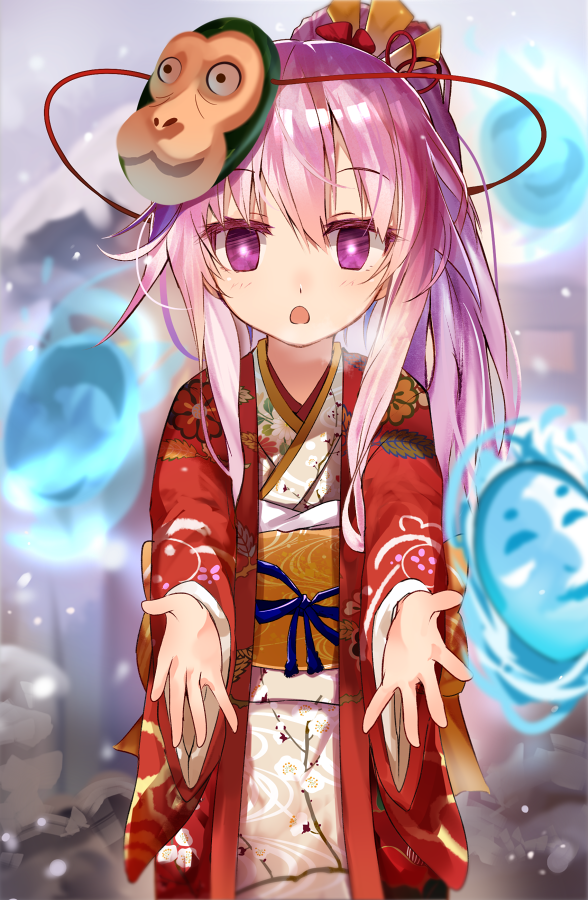 1girl alternate_costume alternate_hairstyle efe floral_print hata_no_kokoro japanese_clothes kimono long_sleeves looking_at_viewer monkey_mask obi open_mouth outstretched_arms pink_eyes pink_hair ponytail sash solo touhou wide_sleeves