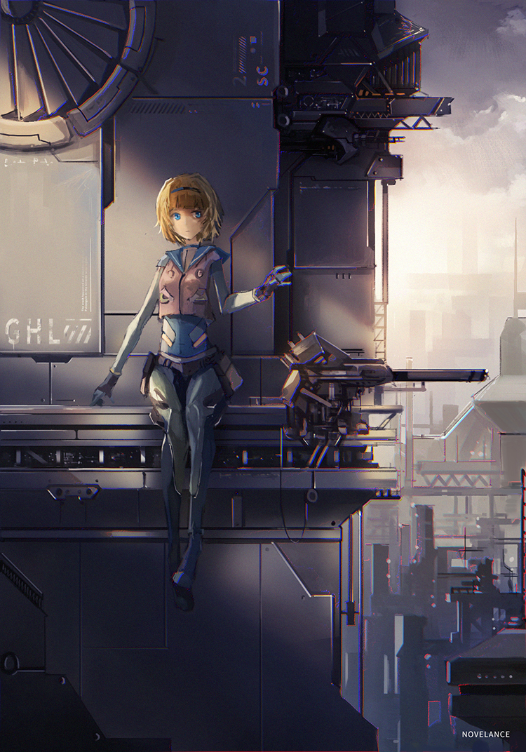 1girl artist_name blonde_hair blue_eyes bodysuit building cannon clouds expressionless full_body hairband heavy_object looking_at_viewer machinery milinda_brantini military military_base military_uniform novelance outdoors sailor_collar short_hair signature sitting solo sunlight uniform vest