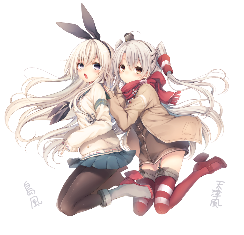 2girls adapted_costume ahoge alternate_costume amatsukaze_(kantai_collection) anchor_hair_ornament black_legwear blonde_hair blush brown_eyes dress full_body garter_straps grey_eyes hair_ornament hair_tubes hairband kantai_collection kasu_(return) long_hair long_sleeves looking_at_viewer miniskirt multiple_girls open_mouth pantyhose pleated_skirt shimakaze_(kantai_collection) short_dress silver_hair simple_background skirt striped striped_legwear thigh-highs two_side_up very_long_hair white_background