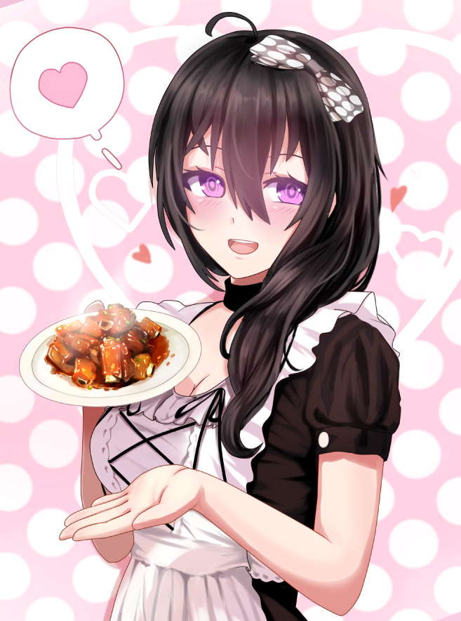 1girl ahoge antenna_hair apron beifeng_han black_hair bow braid breasts cleavage food hair_between_eyes hair_bow long_hair looking_at_viewer maid miyaura_sanshio open_mouth original plate single_braid smile solo violet_eyes