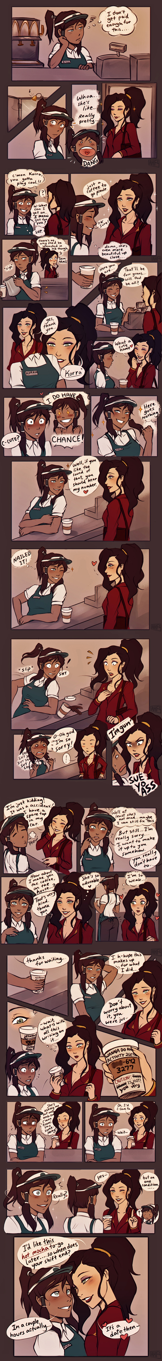 2girls absurdres asami_sato avatar:_the_last_airbender barista brown_hair coffee comic commentary dark_skin english highres iahfy korra long_image multiple_girls ponytail stitched tagme tall_image the_legend_of_korra yuri