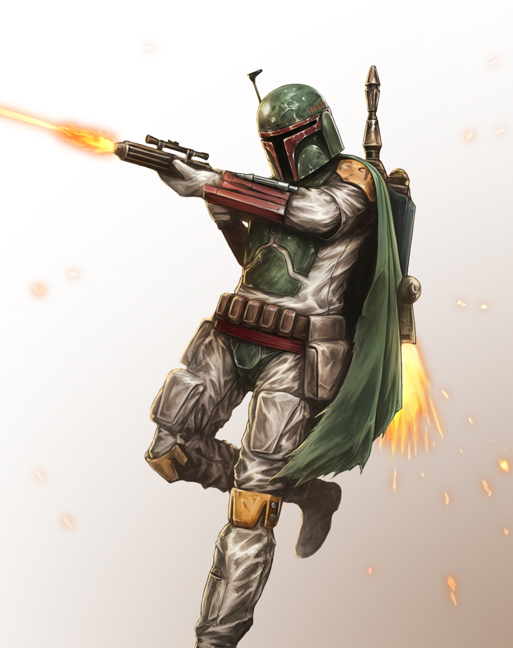 1boy armor belt boba_fett dent firing flying gun helmet highres iijima_takuya jetpack mandalorian one_leg_raised solo star_wars utility_belt weapon