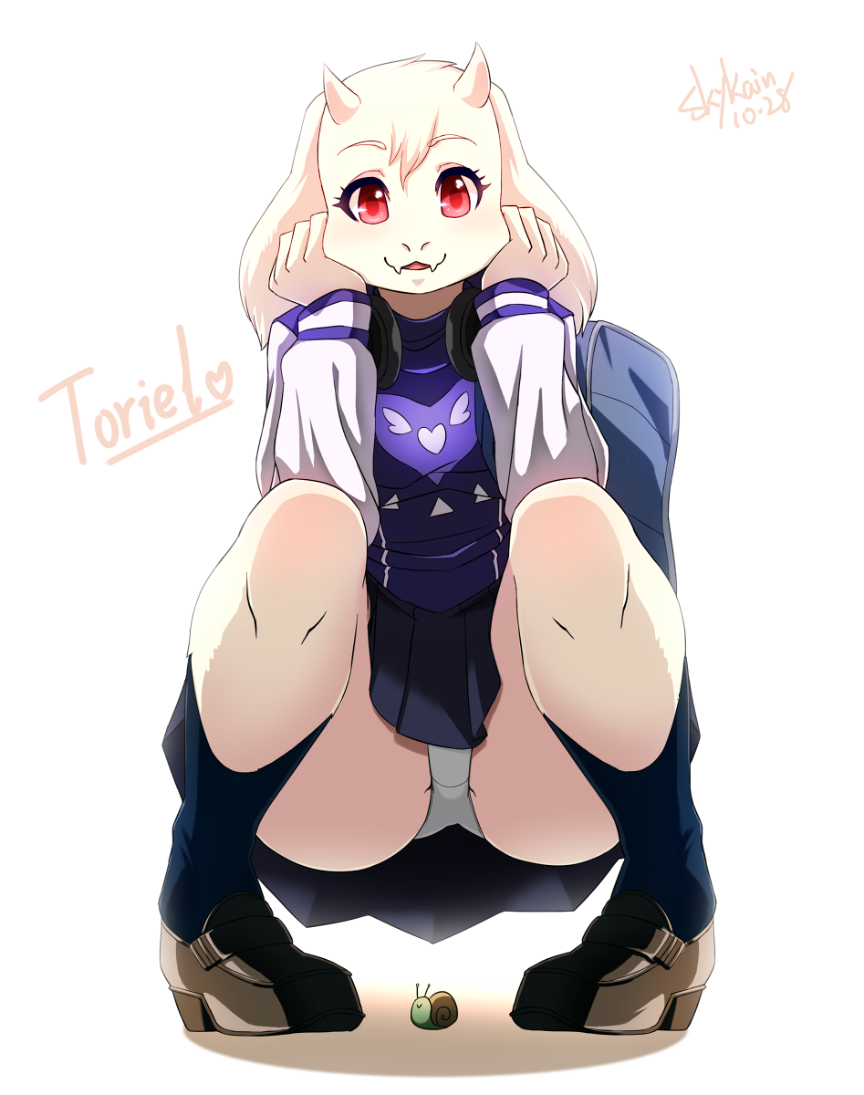 1girl adapted_costume animal_ears dated fangs full_body furry goat_ears headphones headphones_around_neck highres horns loafers monster_girl panties pantyshot pantyshot_(squatting) pigeon-toed pleated_skirt red_eyes school_uniform shoes skirt skykain snail solo squatting toriel undertale underwear upskirt younger