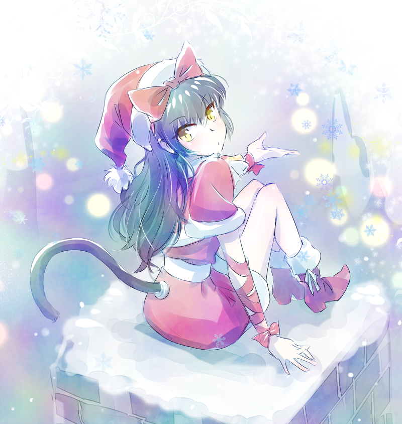 black_hair blake_belladonna bow cat_tail hat iesupa looking_back rwby santa_costume santa_hat sitting snow snowflakes tail yellow_eyes