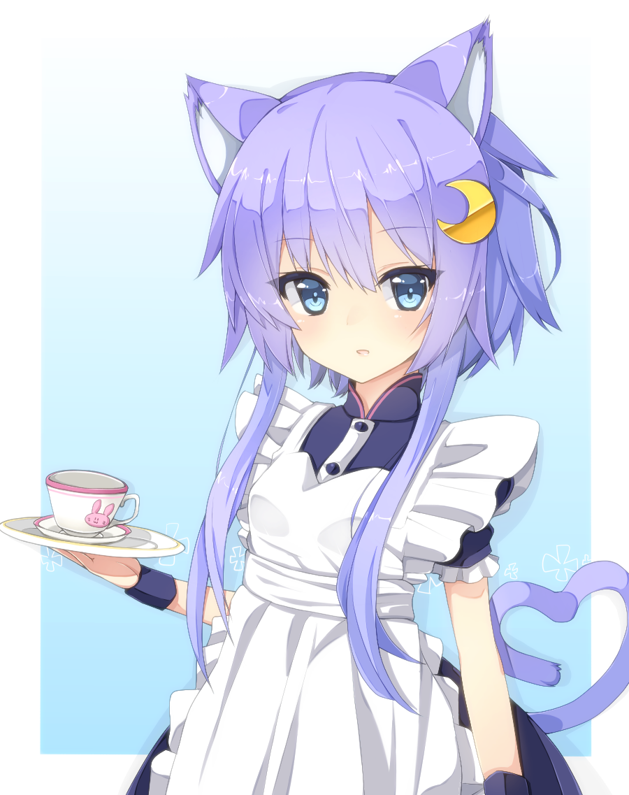 1girl alternate_costume animal_ears arm_at_side bangs blue_background blue_eyes blush buttons cat_ears crescent crescent_hair_ornament cup dress eyebrows eyebrows_visible_through_hair flower gradient gradient_background hair_ornament holding kantai_collection kemonomimi_mode long_hair maid parted_lips plate puffy_short_sleeves puffy_sleeves purple_hair rabbit rateratte saucer short_hair_with_long_locks short_sleeves solo upper_body white_apron wristband yayoi_(kantai_collection)