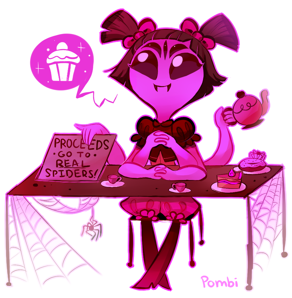 1girl artist_name cake crossed_fingers cup doughnut english extra_arms extra_eyes fangs food hair_ornament holding_sign insect_girl muffet pastry pombity silk sitting slice_of_cake smile spider spider_girl spider_web teacup teapot undertale unitard white_background