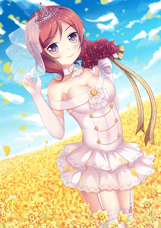 1girl breasts brown_hair cleavage covered_navel diadem dress elbow_gloves euforia flower garter_straps gloves holding holding_flower looking_at_viewer love_live!_school_idol_project nishikino_maki outdoors sky solo thigh-highs violet_eyes white_dress white_gloves white_legwear