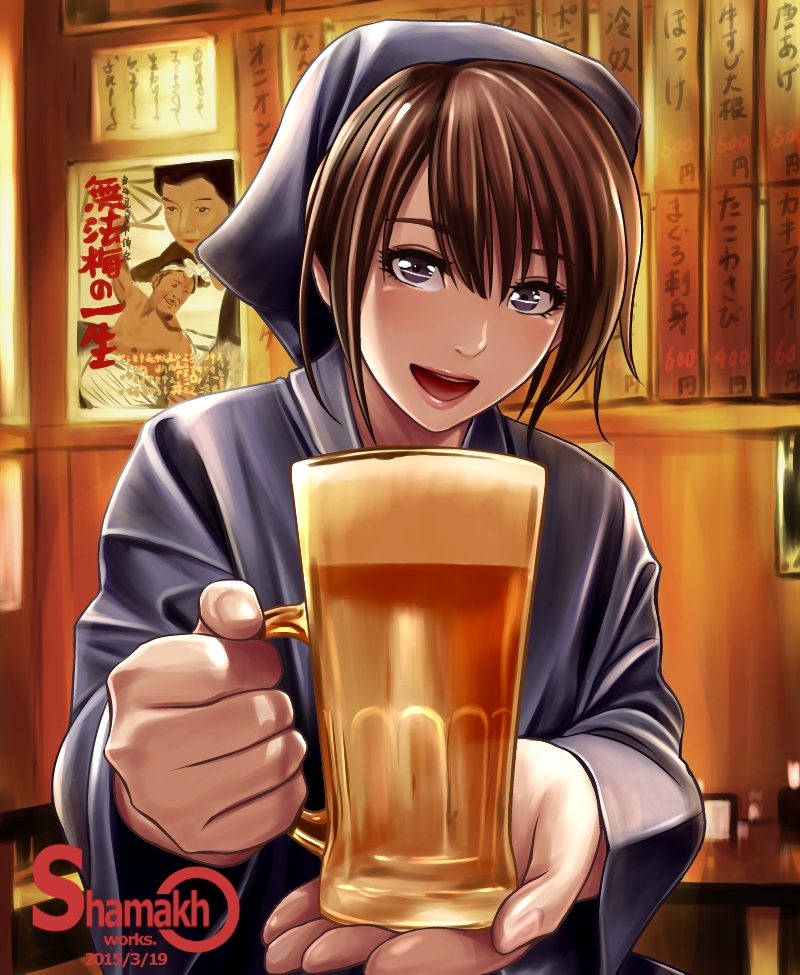 1girl :d alcohol beer beer_mug blue_eyes brown_hair foreshortening looking_at_viewer open_mouth poster shamakho smile solo