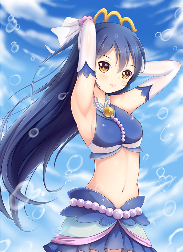 1girl armpits blue_hair blue_skirt breasts bubble detached_sleeves euforia long_hair love_live!_school_idol_project navel pleated_skirt sideboob skirt solo sonoda_umi yellow_eyes