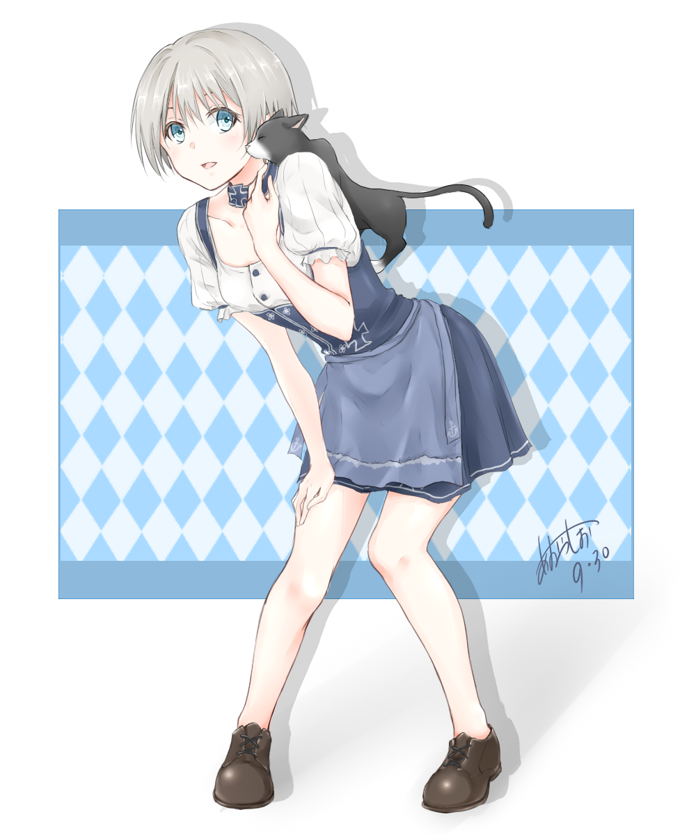 alternate_costume animal aoi_rin_(miya1102) apron blue_eyes dirndl german_clothes highres iron_cross kantai_collection no_shoes open_mouth short_hair silver_hair z1_leberecht_maass_(kantai_collection)