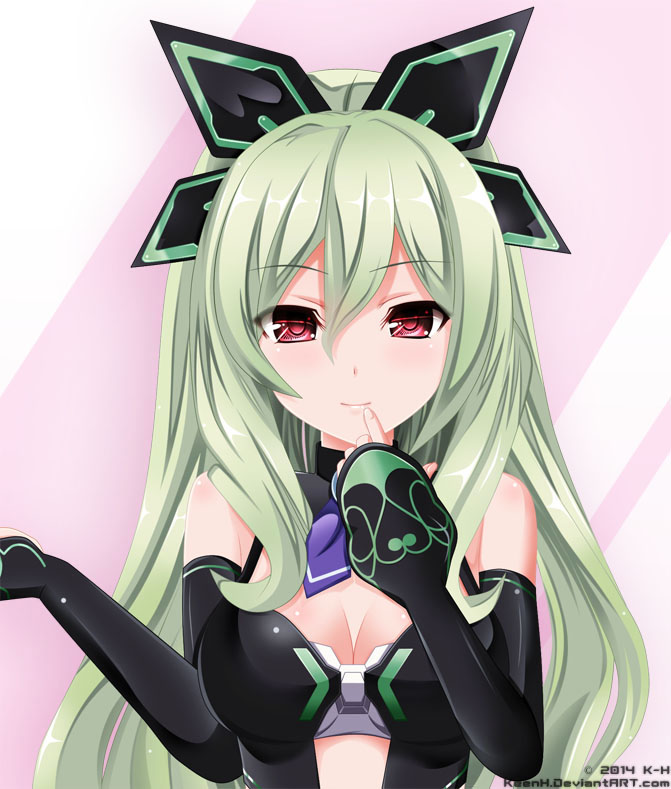 1girl blush bow breasts finger_to_mouth green_hair hakozaki_chika keenh long_hair looking_at_viewer neptune_(series) open_mouth red_eyes solo very_long_hair